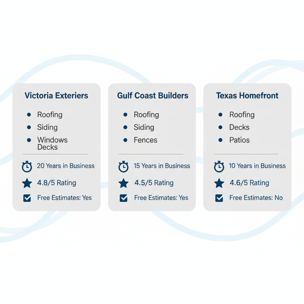 Infographic comparing exterior contractors in Victoria, Texas, with service icons, experience timelines, star ratings, and free estimate checkboxes.