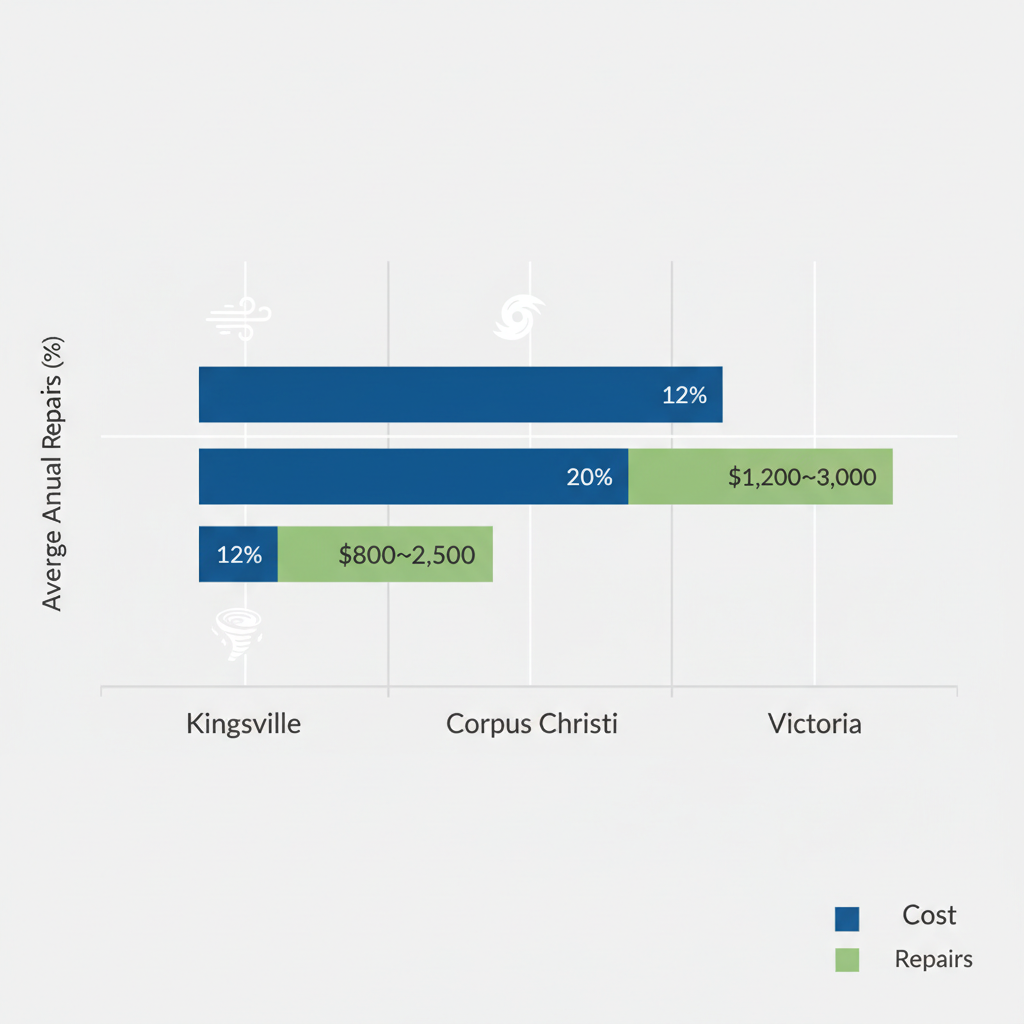 Horizontal bar chart showing roofing repair percentages and cost ranges in Kingsville, Corpus Christi, and Victoria, Texas, with weather risk icons.