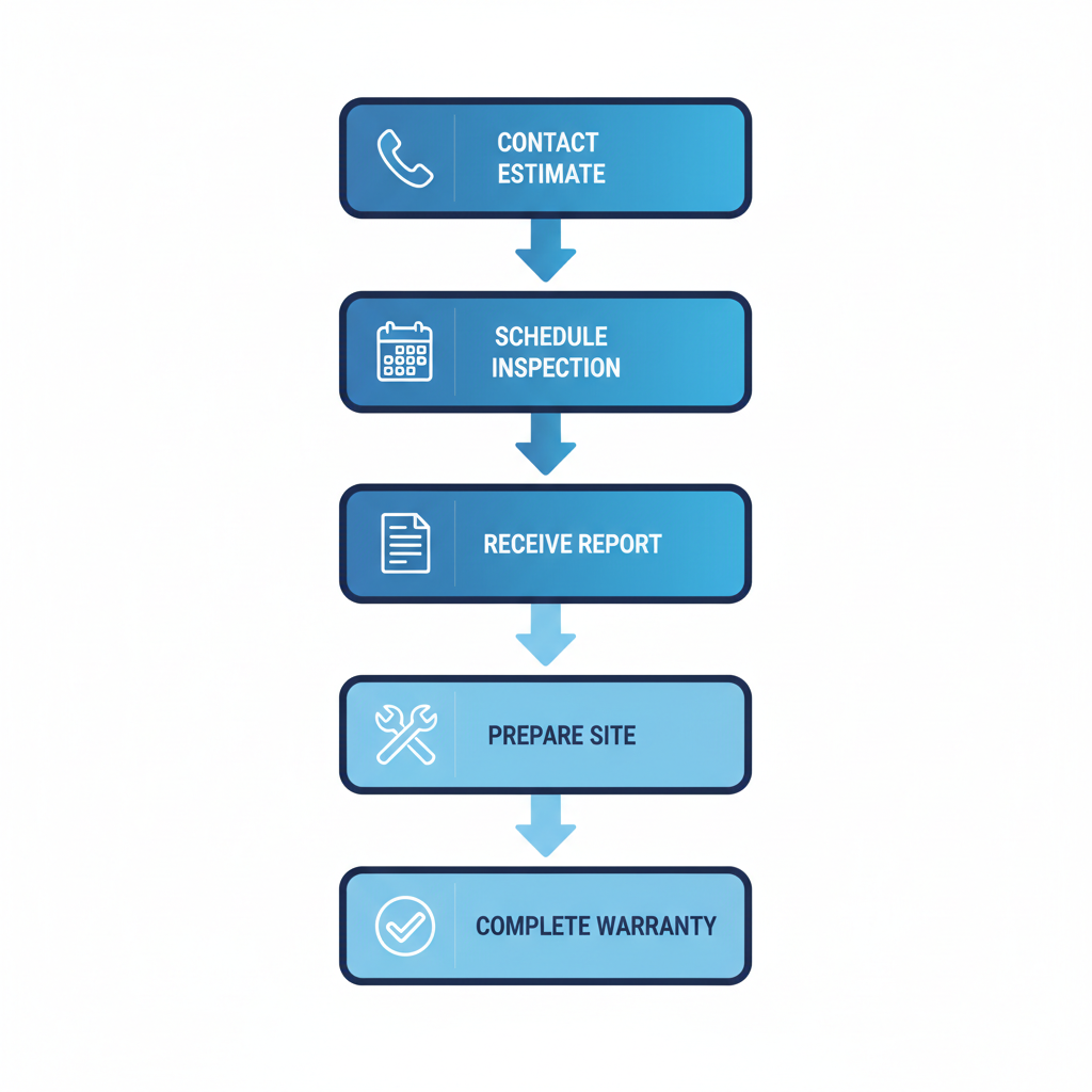 Vertical process flow diagram illustrating five key steps to initiate a roofing project in Kingsville, Texas, from contact to completion.