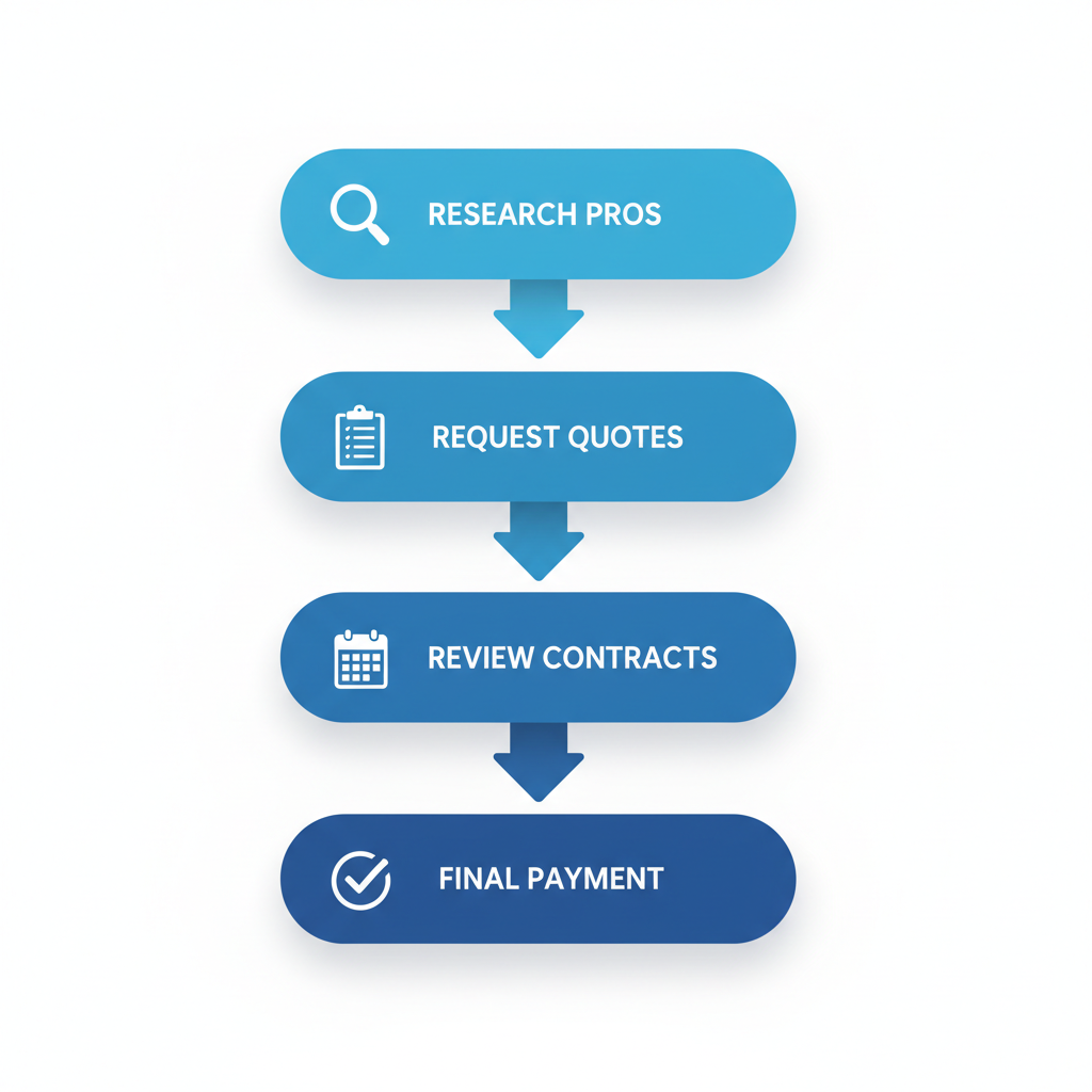 Vertical process flow diagram illustrating five steps to hire an exterior contractor in Kingsville with icons