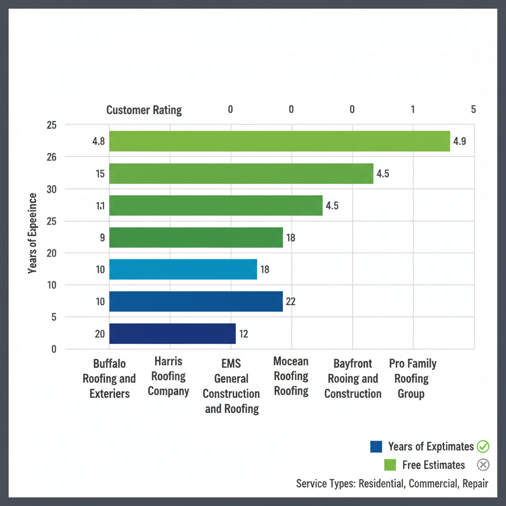 Horizontal bar chart comparing six top roofing contractors in Rockport Texas by years of experience customer ratings and free estimates availability