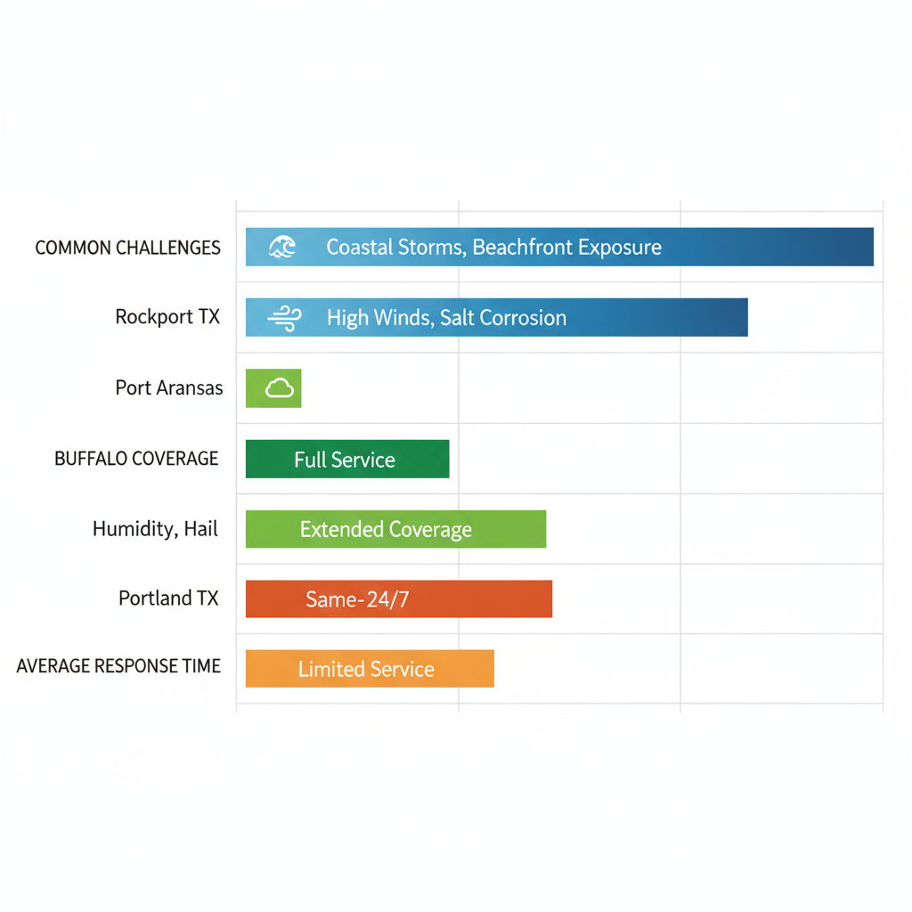 Horizontal bar chart showing roofing challenges, coverage, and response times in Rockport region areas.