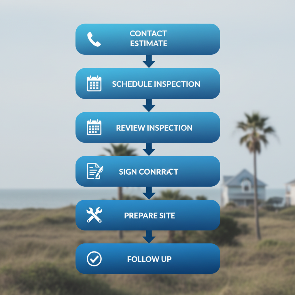 Vertical process flow diagram showing six steps to hire a roofing contractor in Rockport, Texas, with icons and minimal labels.