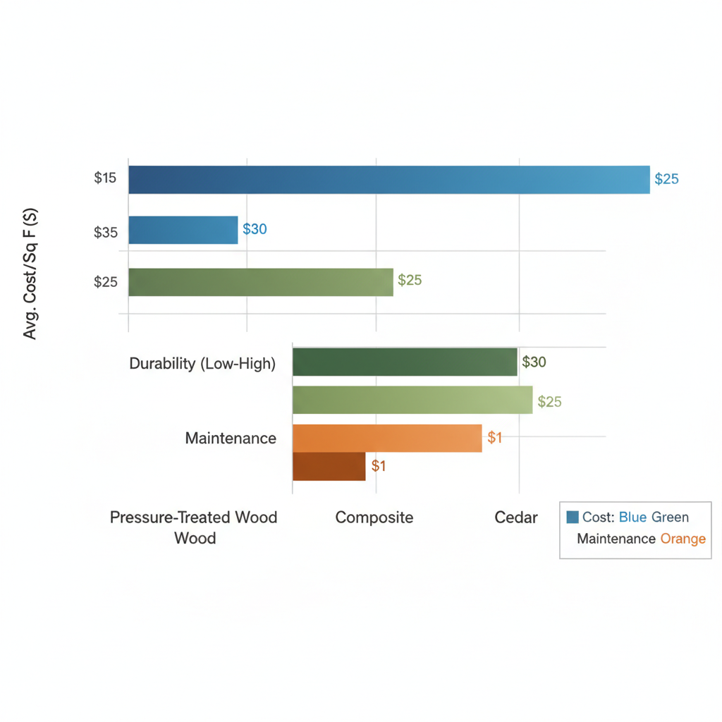 Horizontal bar chart comparing costs, durability, and maintenance of three deck materials suitable for Portland TX coastal conditions
