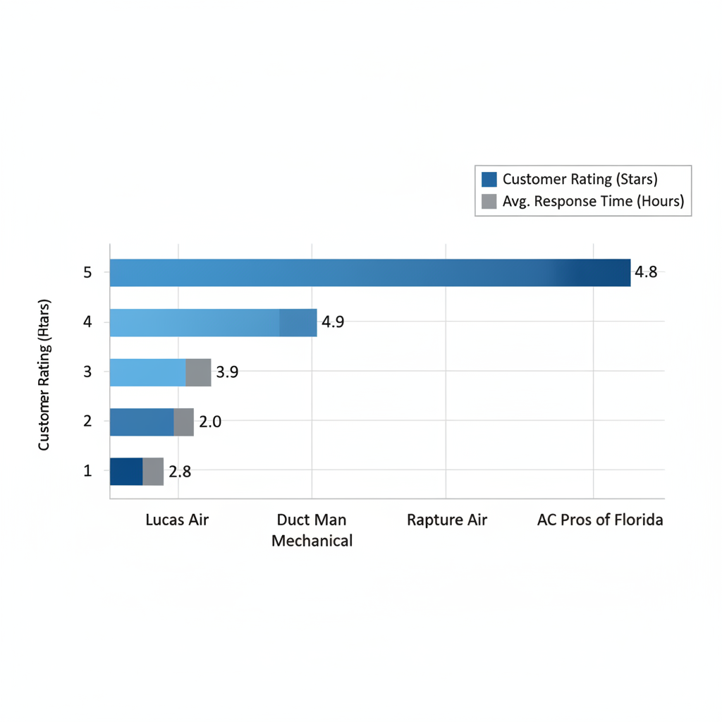 Horizontal bar chart comparing customer ratings and response times for Eustis HVAC contractors