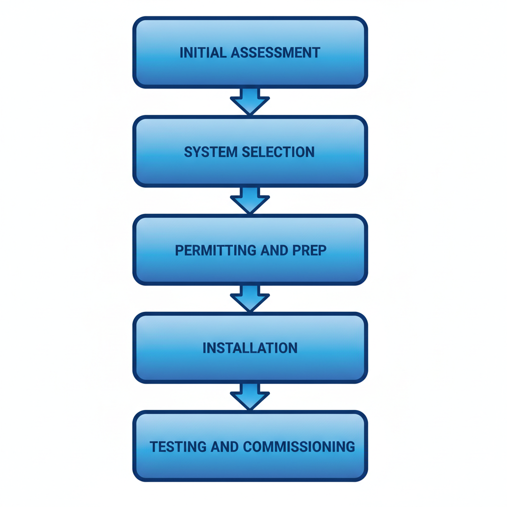 Vertical process flow diagram illustrating the five key stages of HVAC installation in Eustis, from initial assessment to testing and commissioning.
