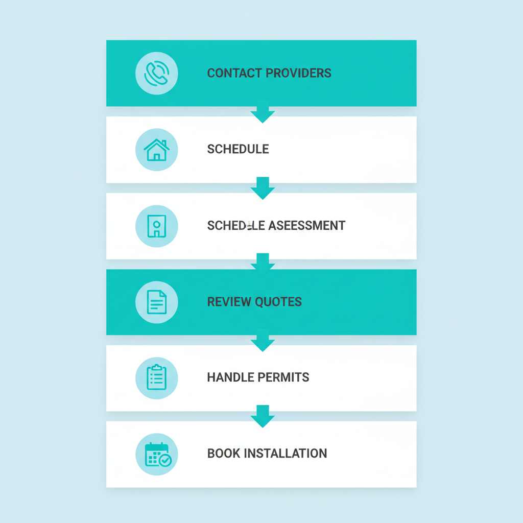 Vertical process flow illustrating five steps to schedule AC installation in Eustis: contact providers, site assessment, review quotes, handle permits, book installation.