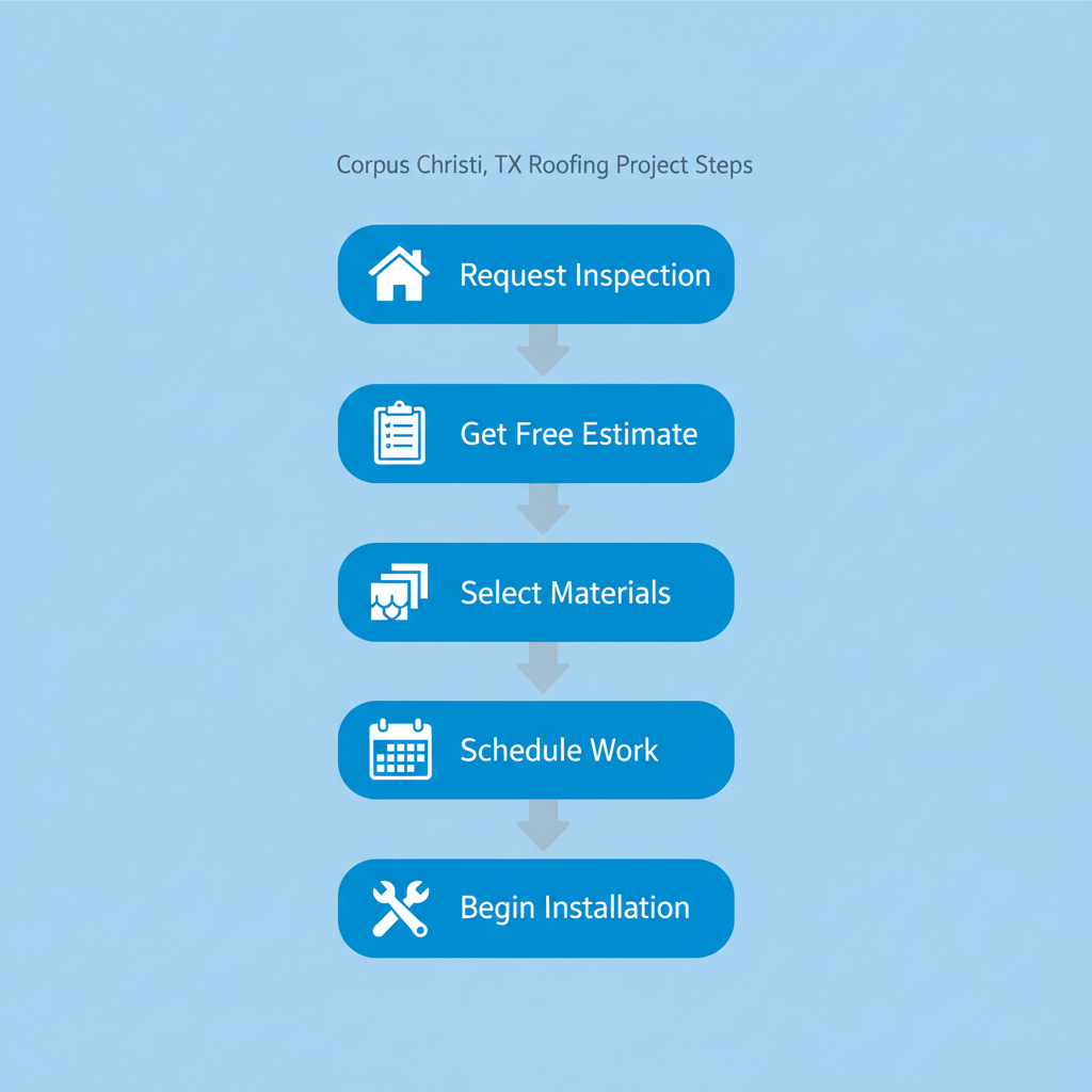 Vertical process flow diagram showing five steps to start a roofing project with icons and brief labels.