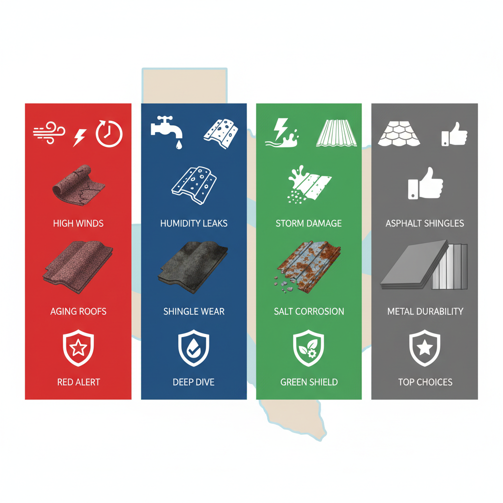 Infographic comparing roofing challenges and solutions in Portland Texas neighborhoods with icons and color-coded panels