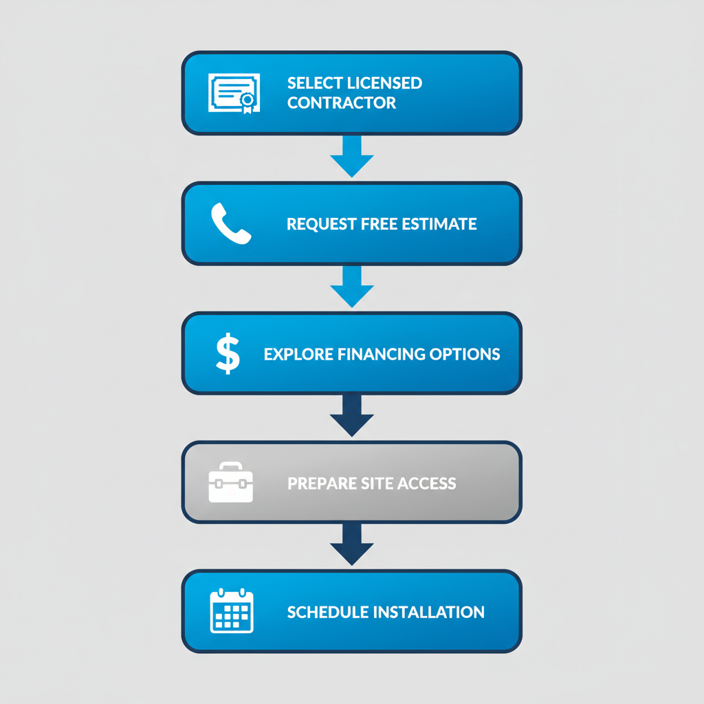 Vertical process flow diagram showing five steps to initiate a roofing project: selecting contractor, requesting estimate, exploring financing, preparing site, and scheduling installation.