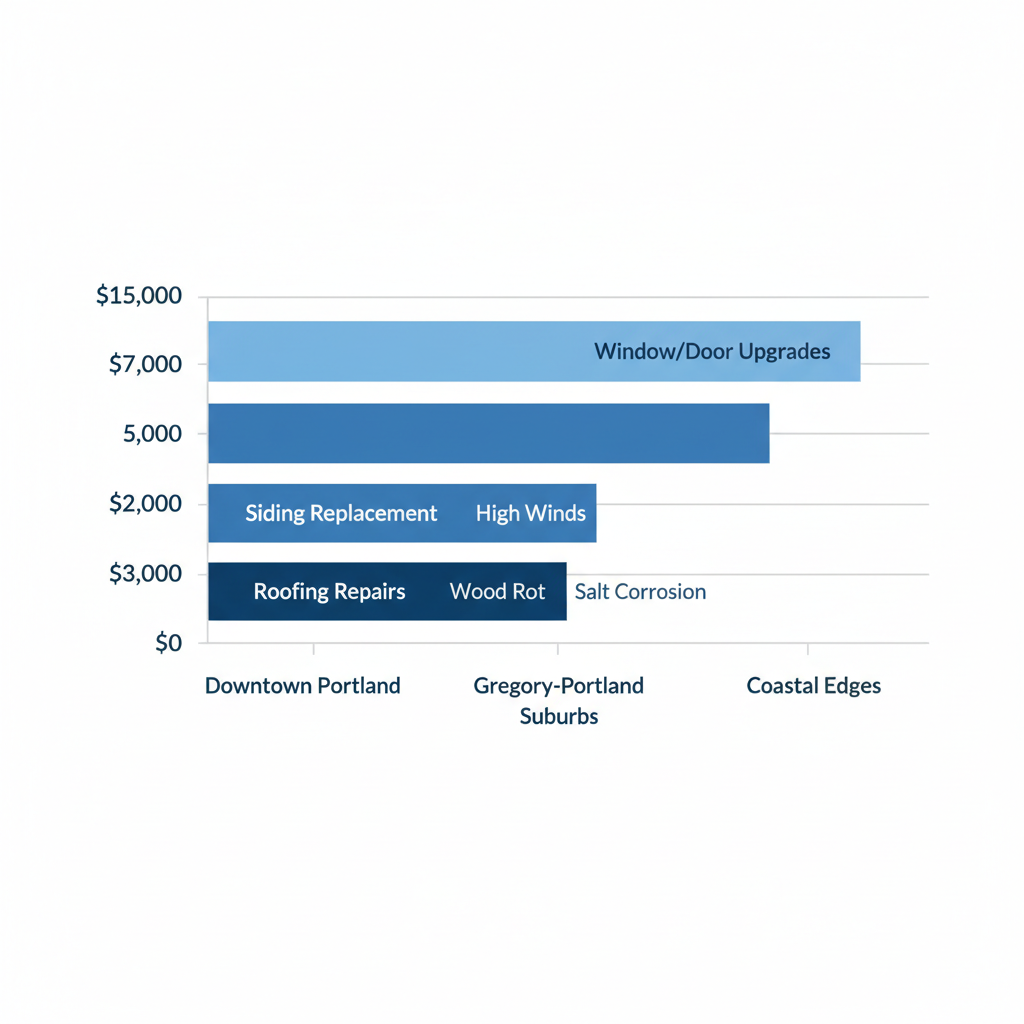 Horizontal bar chart comparing costs of roofing repairs, siding replacement, and window/door upgrades across Portland, TX neighborhoods, noting issues like high winds, wood rot, and salt corrosion.