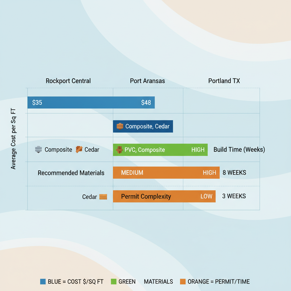 Bar chart comparing deck building costs, materials, permit complexity, and build times across Rockport, Port Aransas, and Portland TX areas