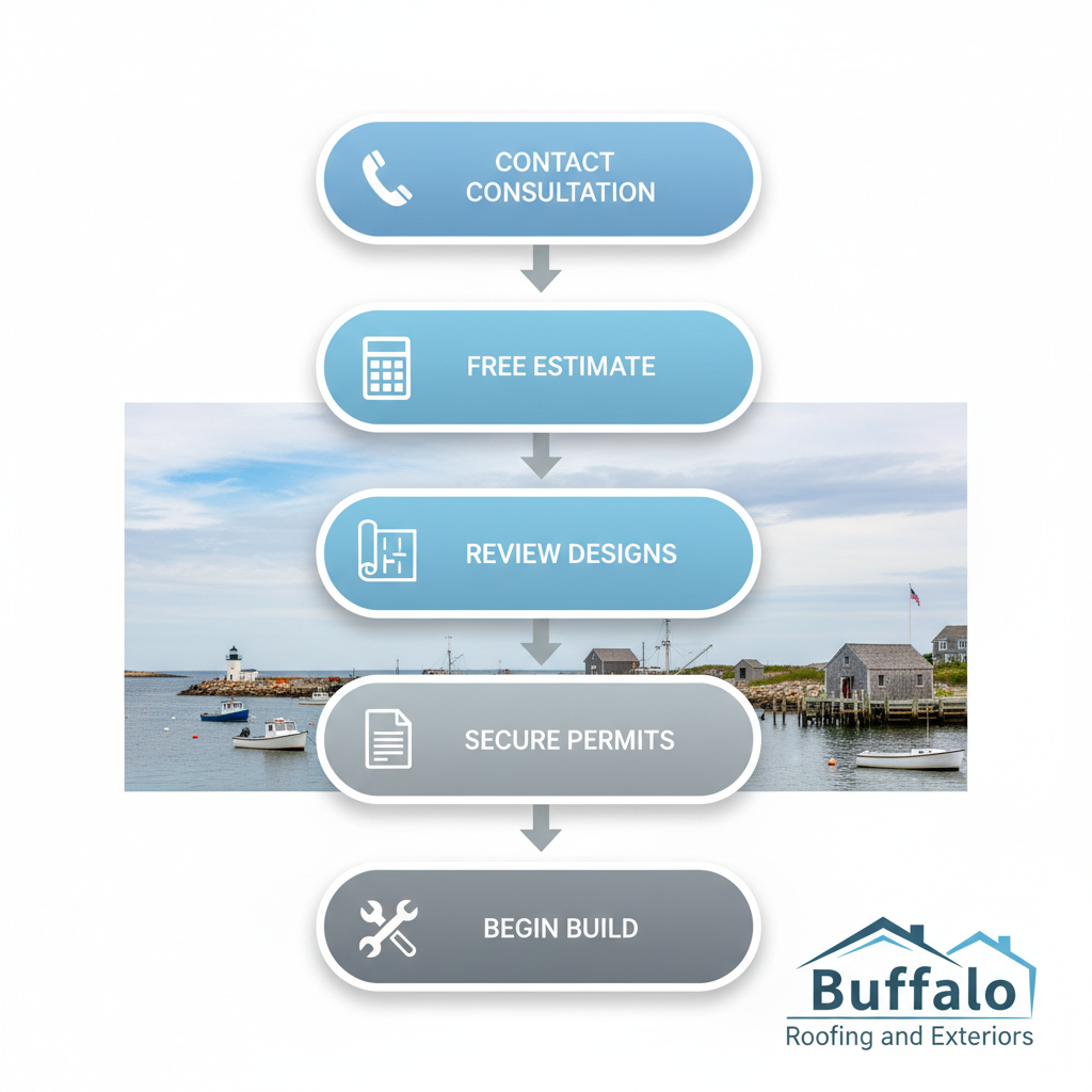Vertical process flow diagram showing five steps to start a deck project in Rockport, from consultation to building.