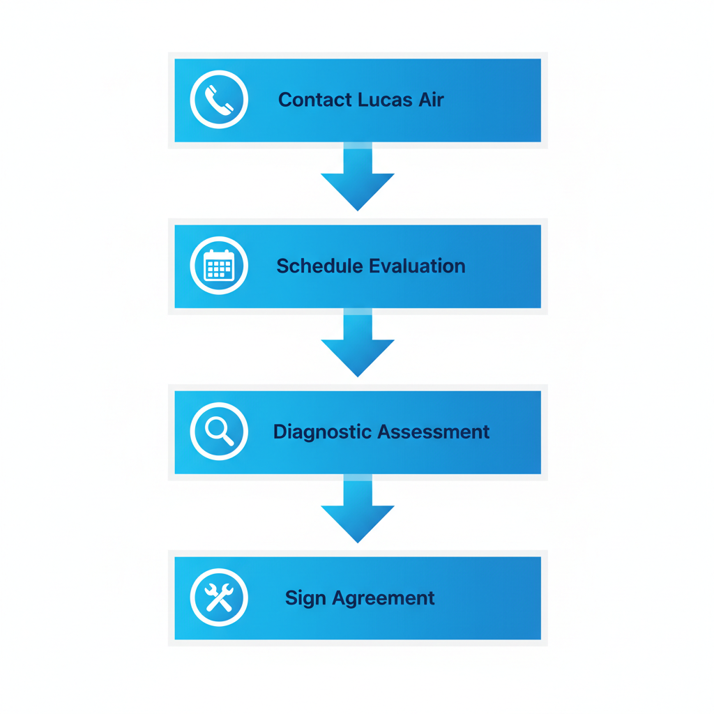 Vertical process flow diagram illustrating five steps to initiate HVAC services with Lucas Air in The Villages, Florida