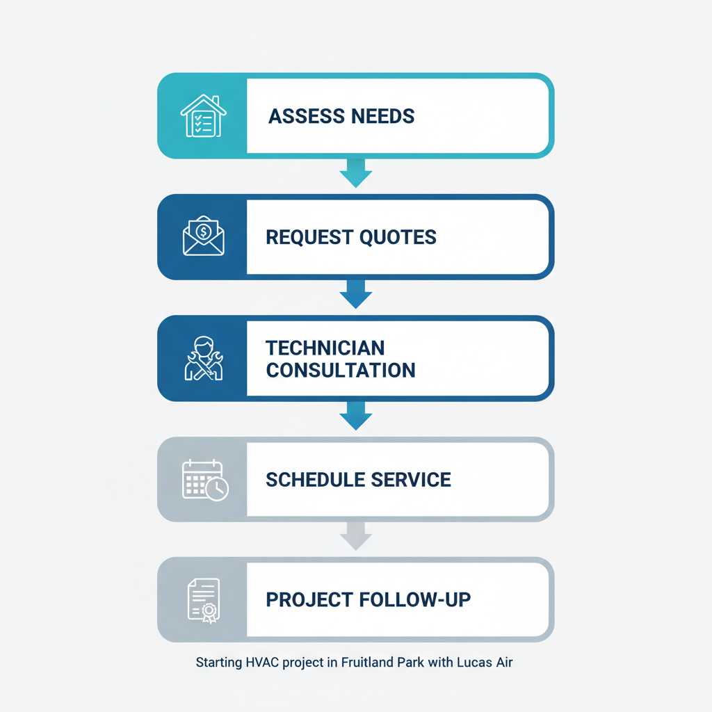 Vertical process flow diagram illustrating five steps to start an HVAC project in Fruitland Park