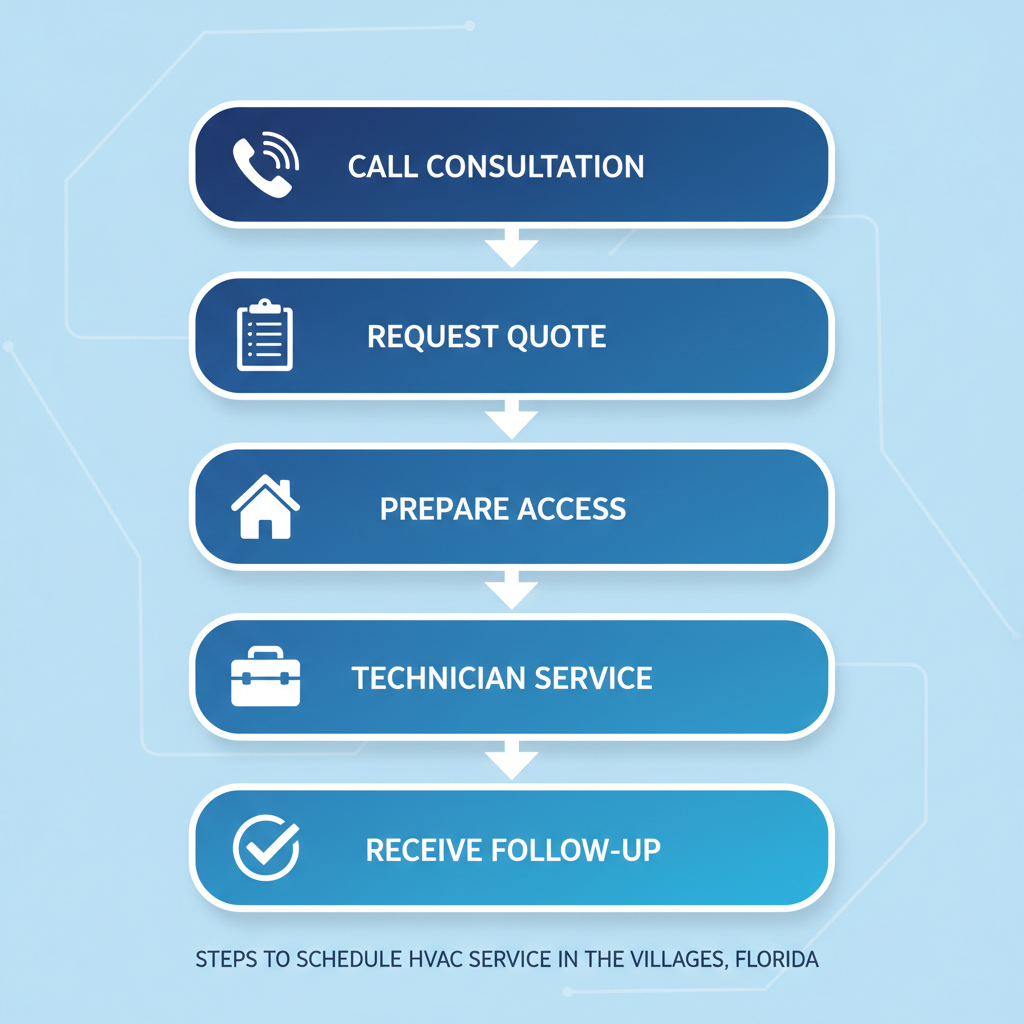 Vertical process flow diagram illustrating the five steps to schedule HVAC service in The Villages with icons and minimal labels