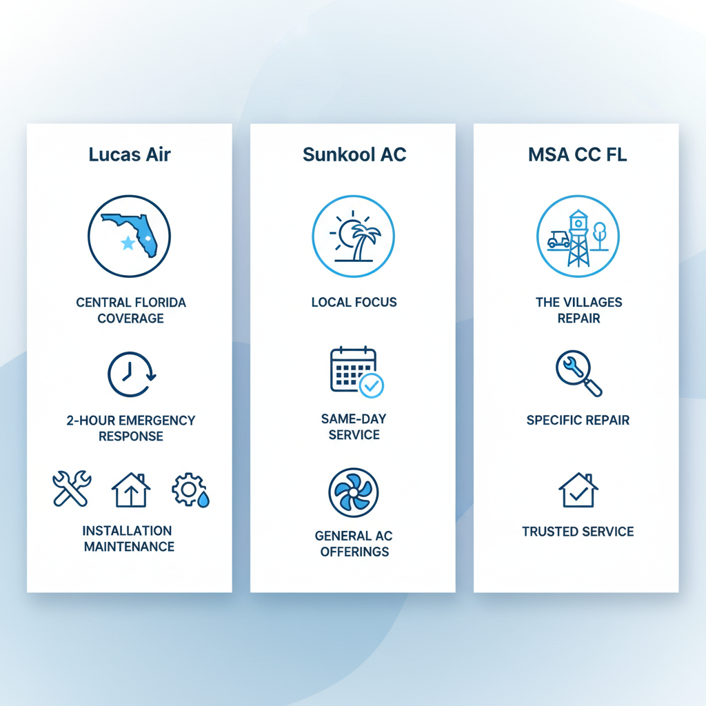 Infographic comparing HVAC service providers Lucas Air, Sunkool AC, and MSA CC FL in The Villages area