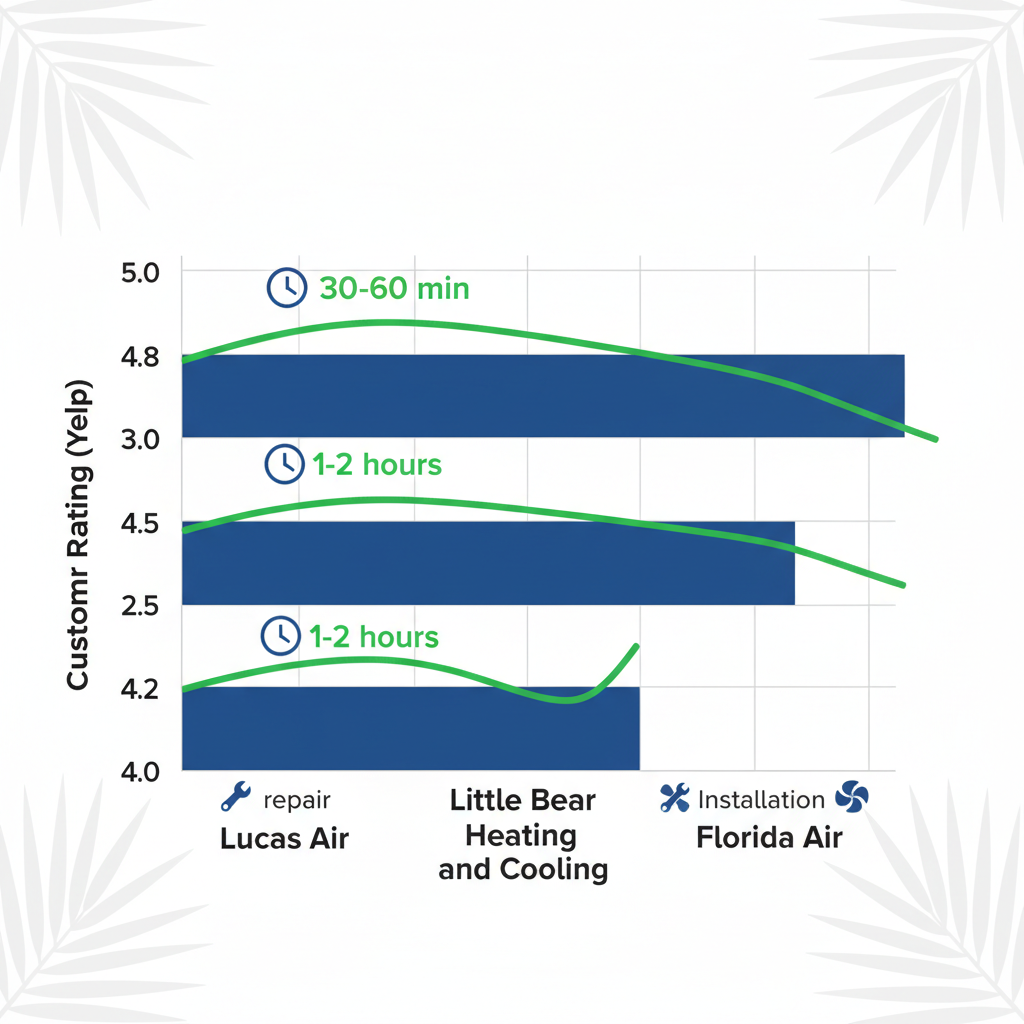 Bar chart comparing customer ratings and response times for three AC service providers in Leesburg, Florida: Lucas Air, Little Bear Heating and Cooling, and Florida Air.
