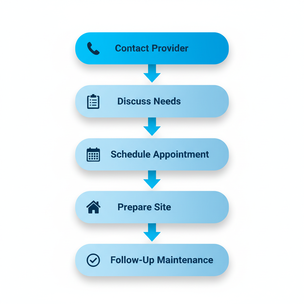 Vertical process flow illustrating five steps to arrange AC services in Leesburg: contact provider, discuss needs, schedule appointment, prepare site, and follow-up maintenance.