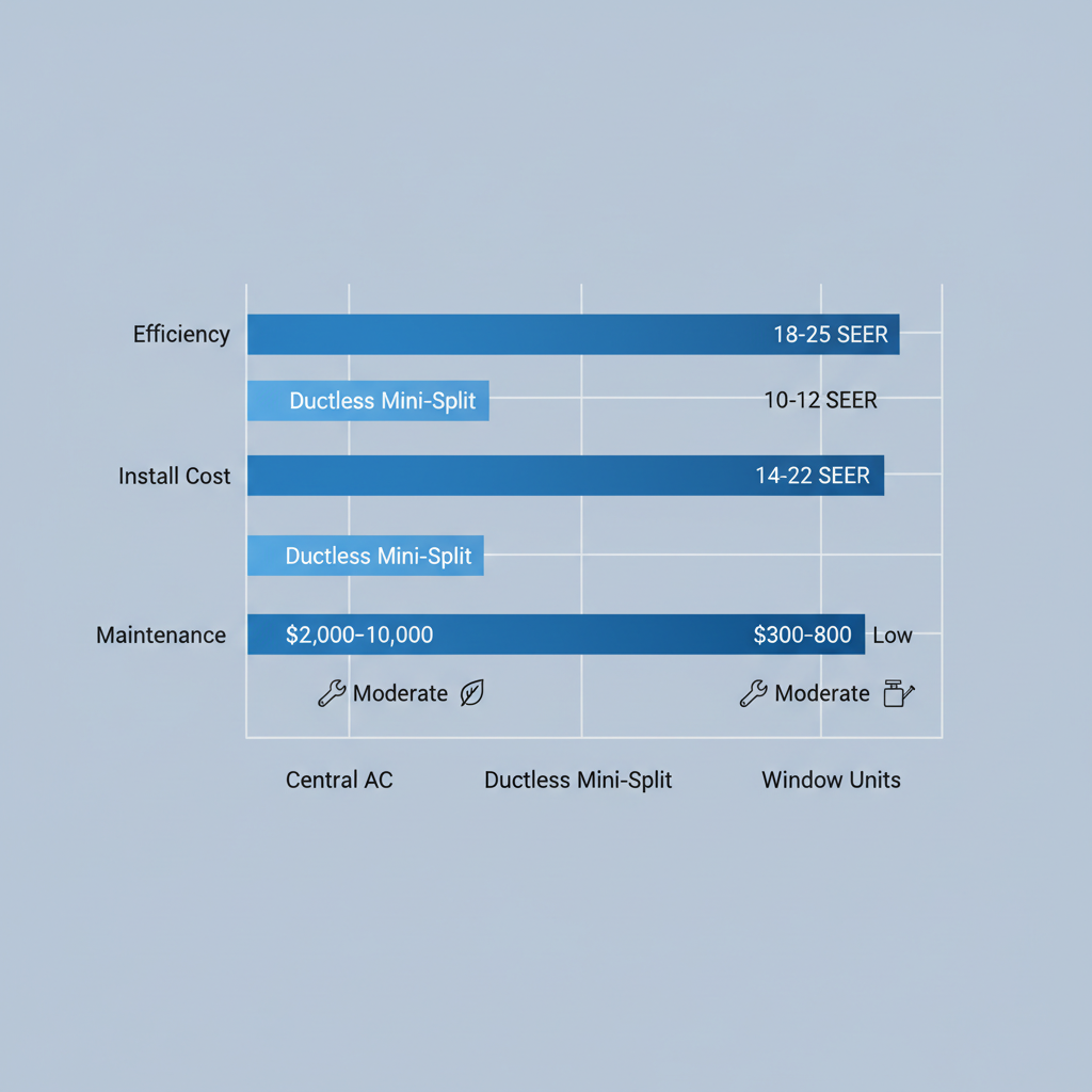 Horizontal bar chart comparing efficiency, cost, and maintenance of Central AC, Ductless Mini-Split, and Window Units for Leesburg's humid climate