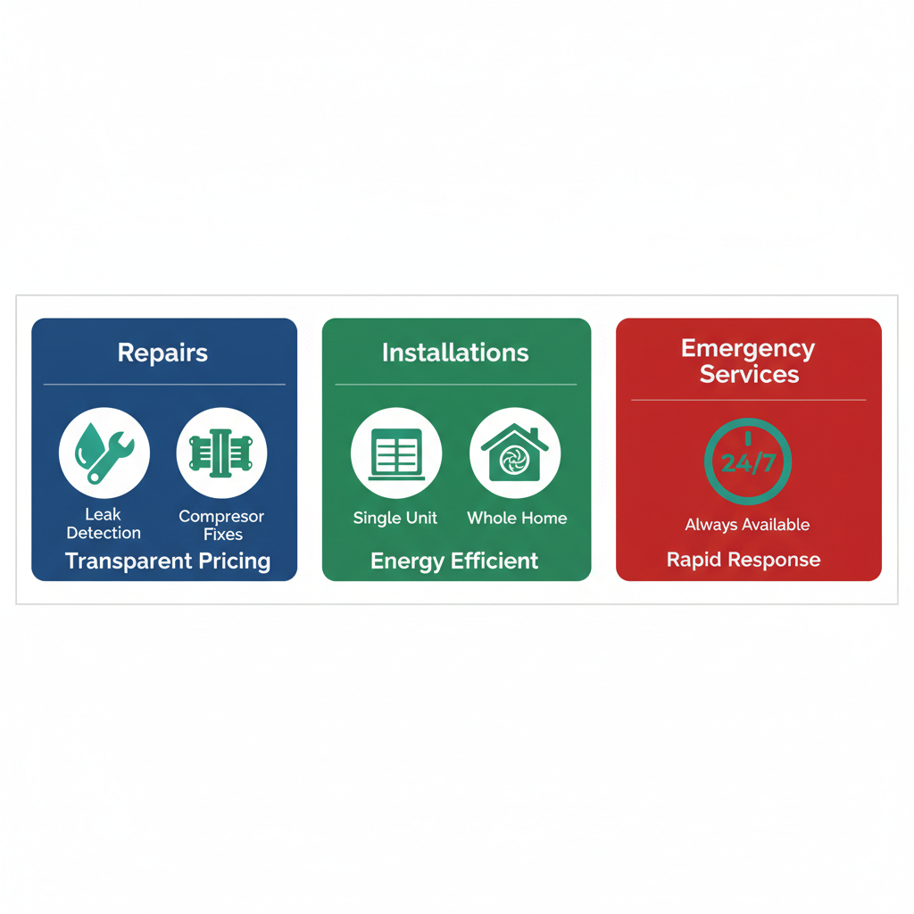 Infographic depicting AC repairs, installations, and emergency services in Mount Dora with icons and minimal labels.