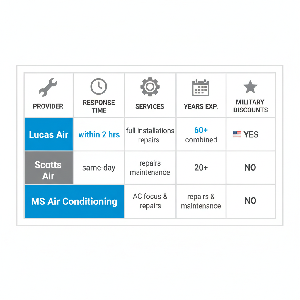 Infographic comparison of HVAC providers in Tavares, Florida, featuring columns for response time, services, experience, and discounts, with Lucas Air highlighted.