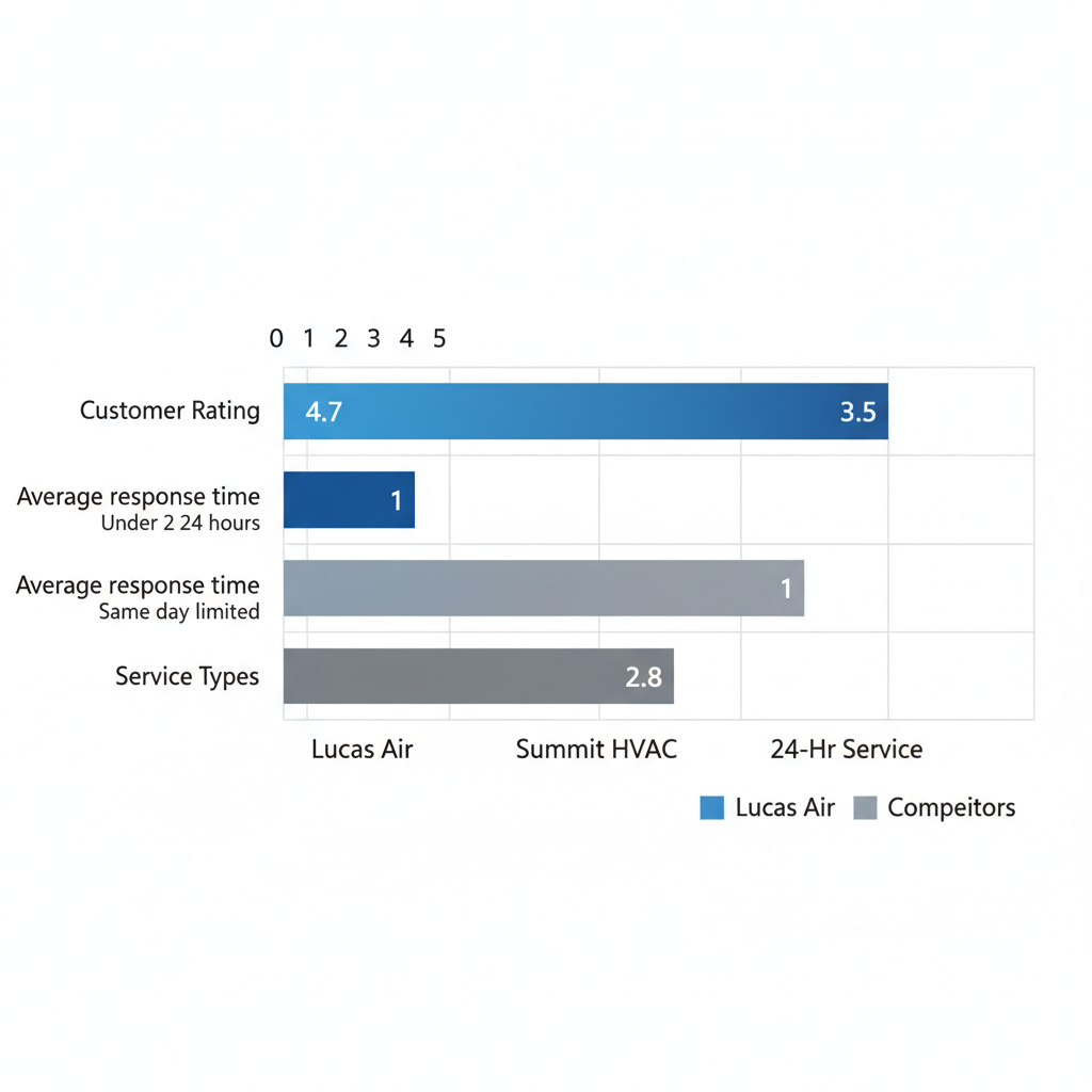 Horizontal bar chart comparing HVAC contractors in Tavares: ratings, response times, and service types for Lucas Air versus competitors.