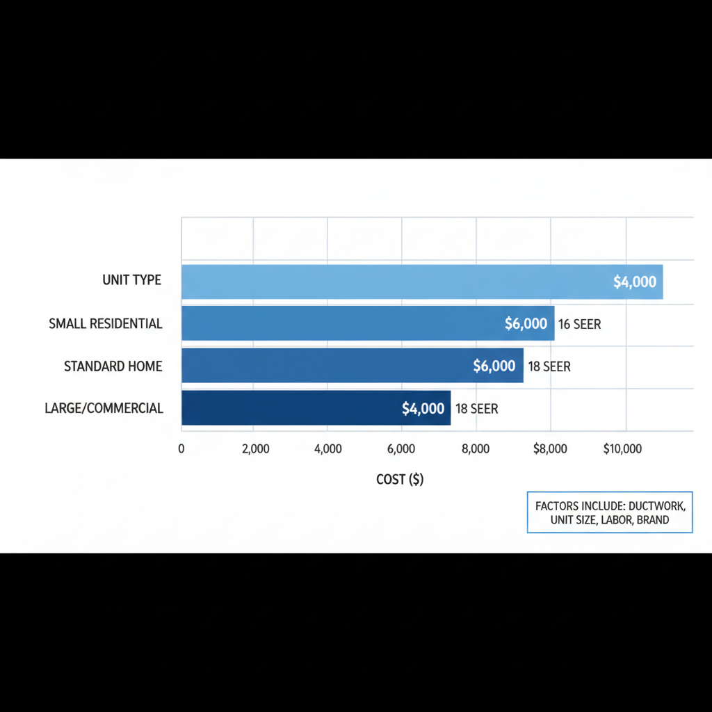 Horizontal bar chart of AC installation costs in Mount Dora: small residential $4,000, standard home $6,000, large commercial $8,000 with SEER notes