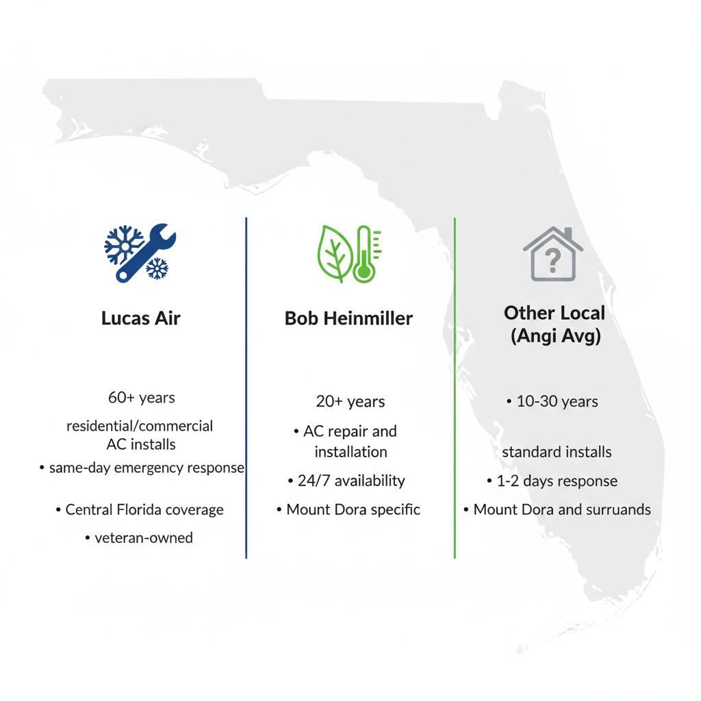Infographic comparing HVAC providers Lucas Air, Bob Heinmiller, and average local services in Mount Dora, Florida, highlighting experience, services, response times, and coverage areas.