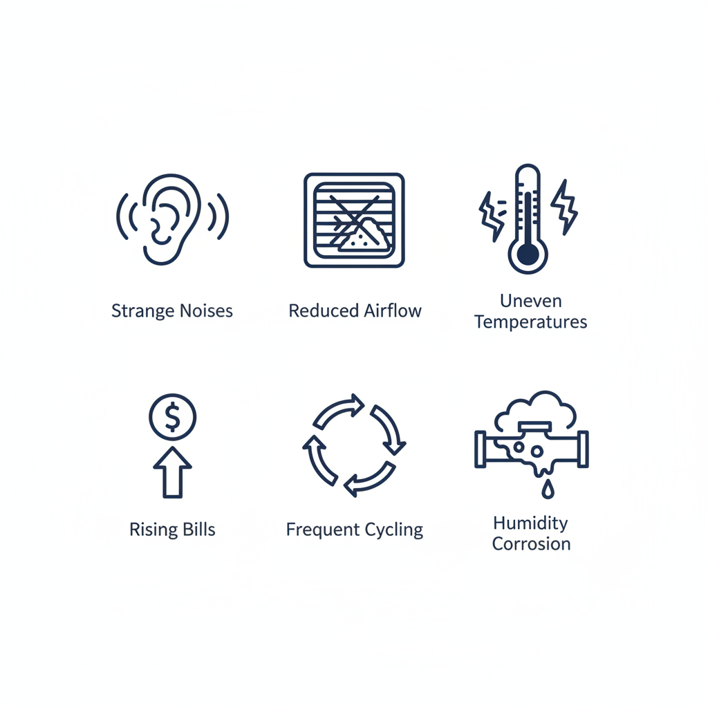 Icons depicting common heating problems like noises, airflow issues, and rising bills in Charleston homes
