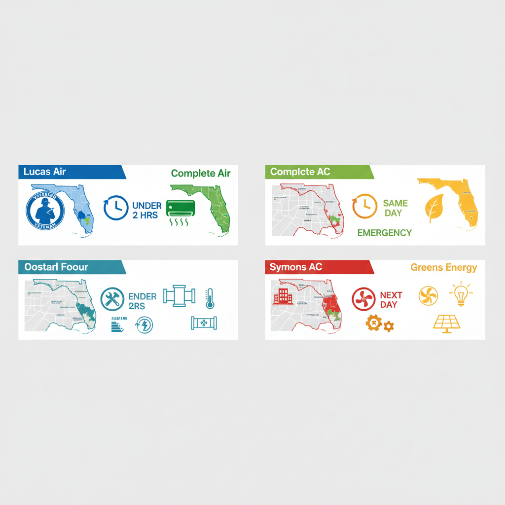 Infographic illustrating comparison of HVAC providers in Mount Dora, Florida, with service maps, response times, and specialty icons