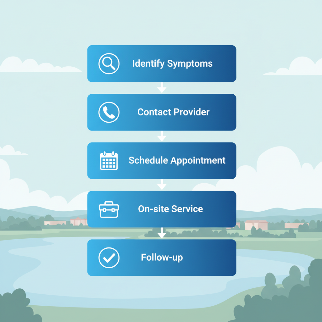 Vertical process flow diagram showing five steps to access HVAC services in Mount Dora, with icons and brief labels