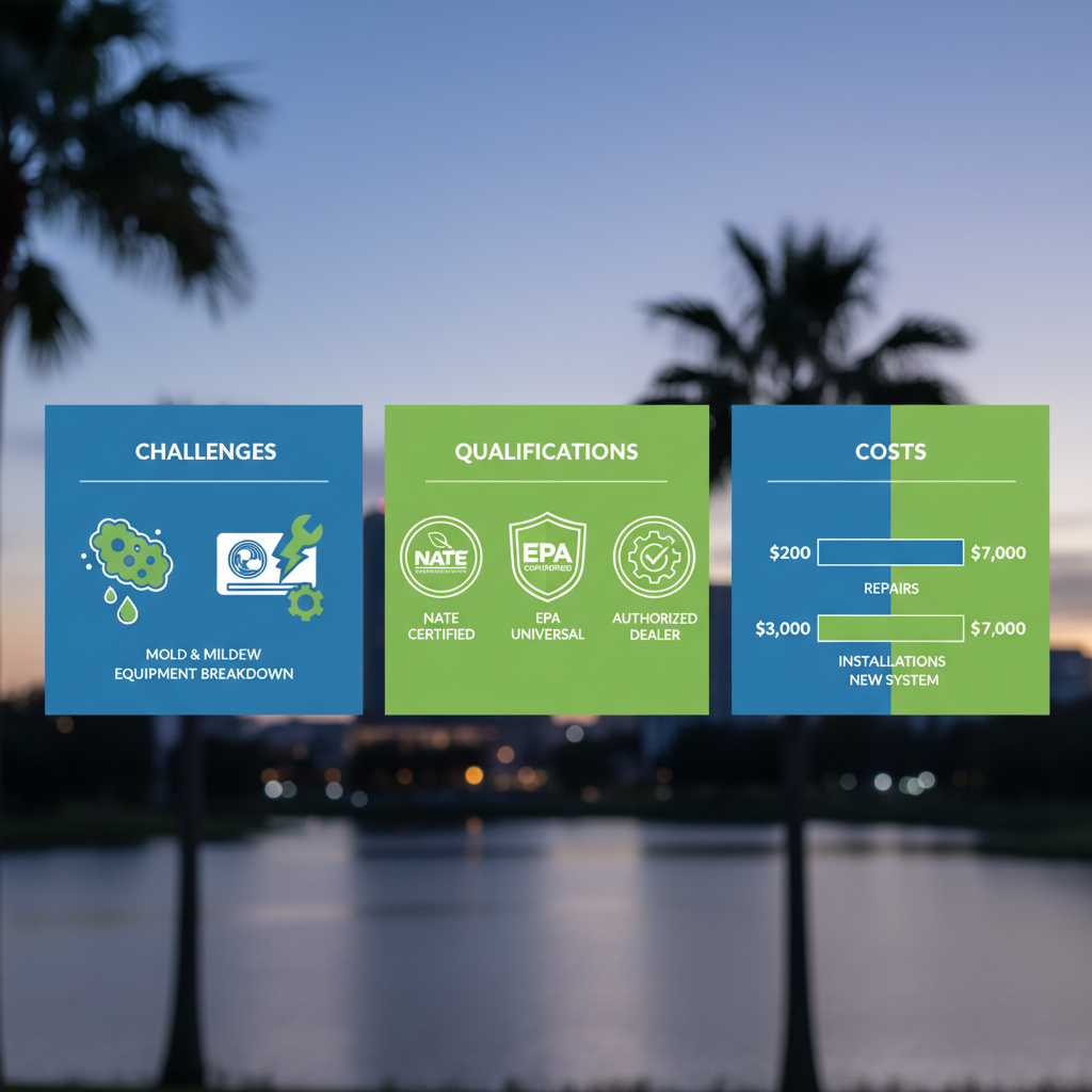 Infographic visualizing common HVAC challenges, technician qualifications, and cost estimates in Leesburg, Florida