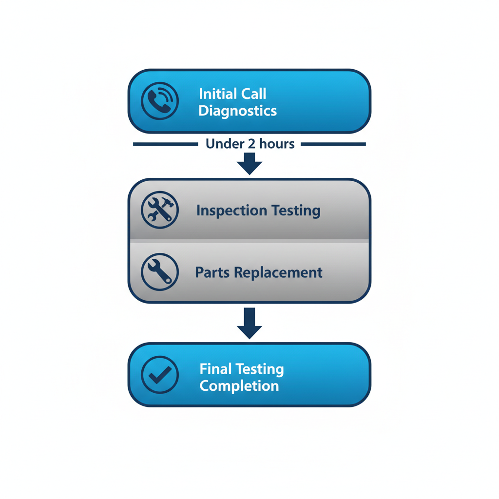Vertical process flow diagram illustrating HVAC repair steps in Leesburg: initial call, inspection, parts replacement, and final testing with icons and timeline.