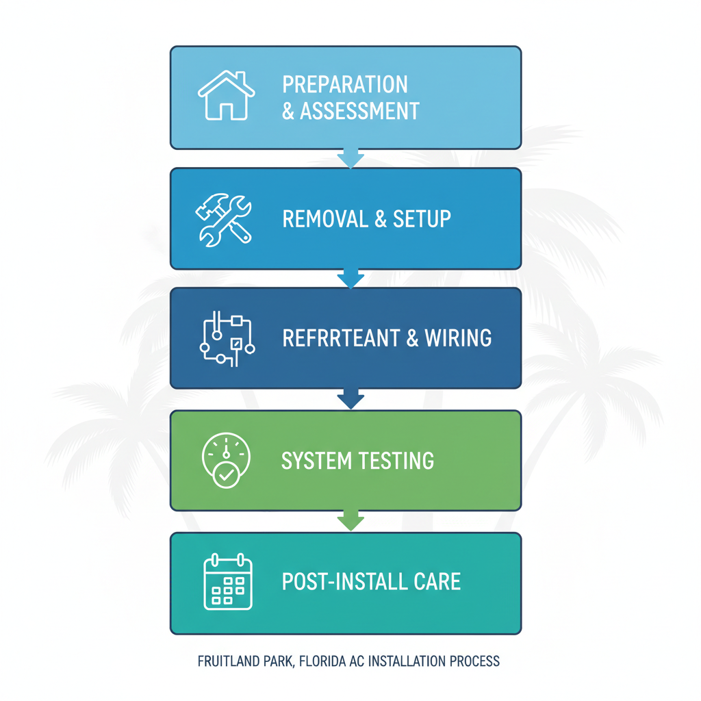 Vertical process flow diagram illustrating the five key steps of AC installation in Fruitland Park, Florida, with icons and color-coded stages.