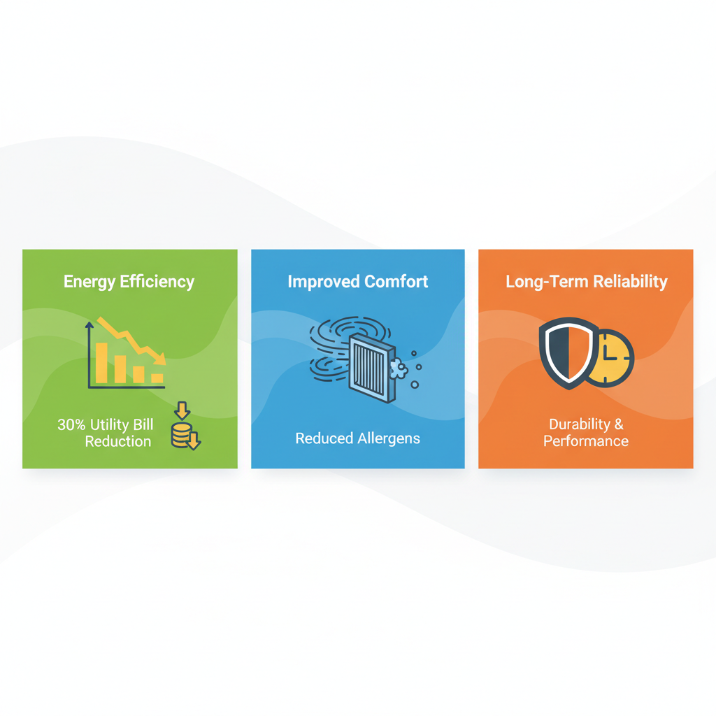Horizontal infographic illustrating three key benefits of professional AC installation: energy savings, improved air quality, and long-term reliability with icons and metrics.