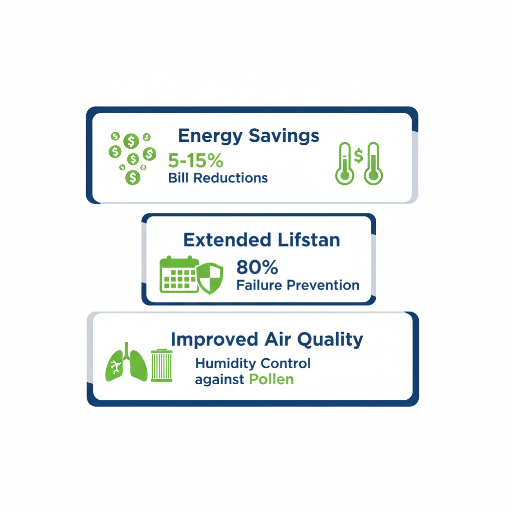 Infographic showing energy savings, extended lifespan, and improved air quality benefits of HVAC maintenance in Fruitland Park with icons and metrics.