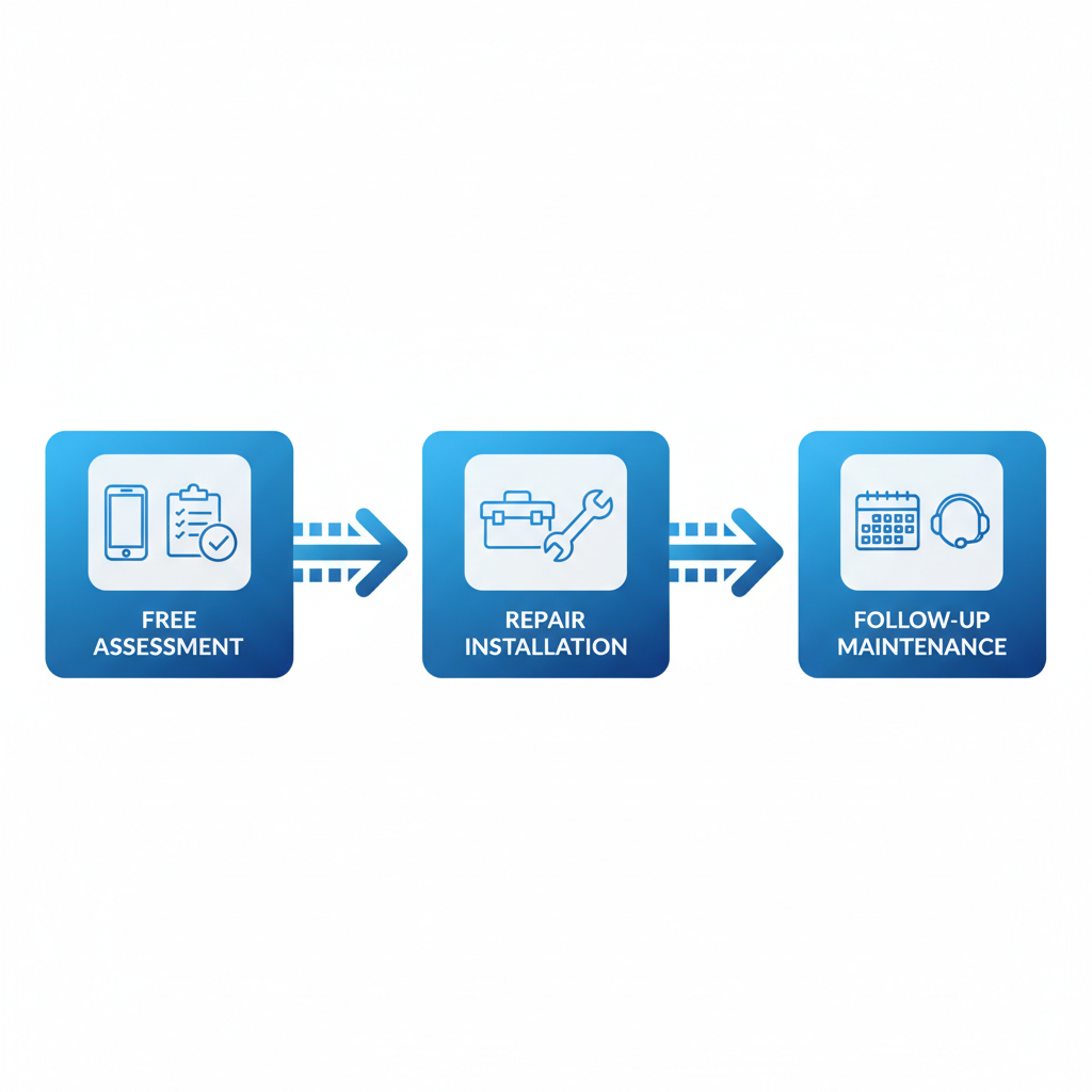Horizontal process flow diagram of Lucas Air's three-stage HVAC services: free assessment, repair installation, and follow-up maintenance with icons.