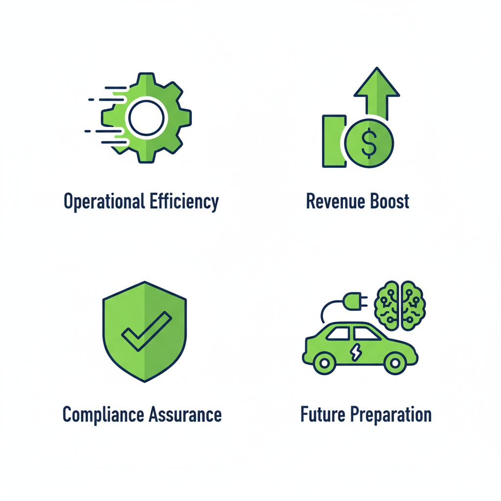 Grid of four icons depicting operational efficiency, revenue boost, compliance assurance, and future preparation for virtual dealership training.