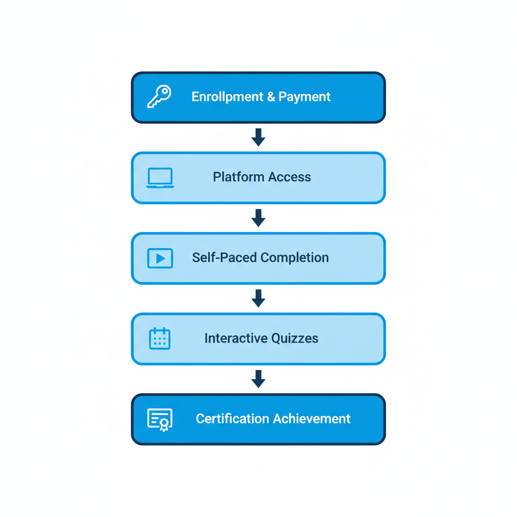 Process flow diagram illustrating the five stages of the virtual dealership management course from enrollment to certification.