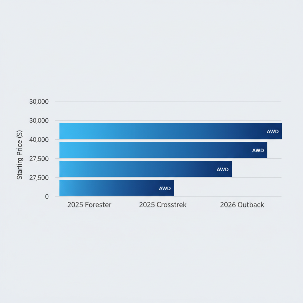 Horizontal bar chart comparing starting prices of 2025 Forester, 2025 Crosstrek, and 2026 Outback Subaru models with AWD icons.
