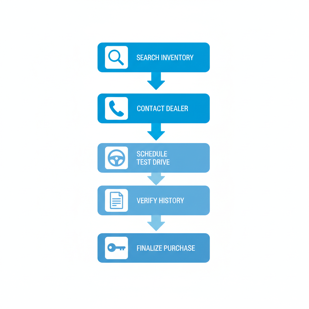 Vertical process flow diagram illustrating five steps to purchase a used Subaru under $10,000 in Omaha, Nebraska, with icons for each stage.
