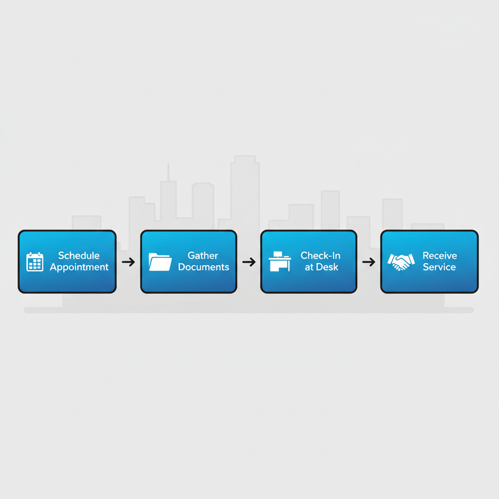 Horizontal process flow diagram showing four steps to start Subaru service at Beardmore in Bellevue: schedule, gather documents, check-in, and receive service with icons and labels.