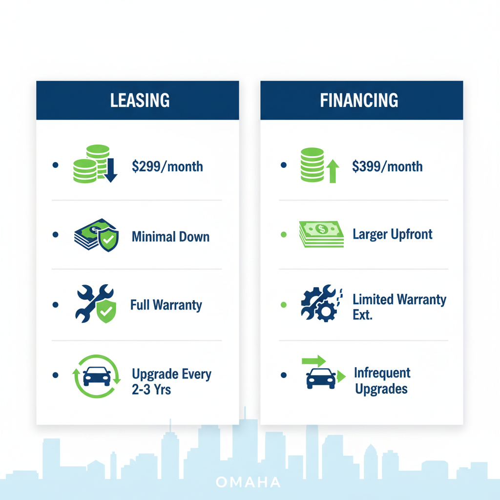 Infographic showing side-by-side comparison of leasing and financing benefits for Subaru vehicles in Omaha, featuring icons and key metrics like monthly payments and warranty coverage.