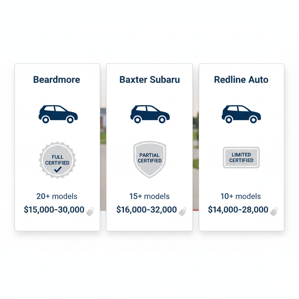 Infographic comparing pre-owned Subaru dealerships near Bellevue, Nebraska, showing models, certifications, and price ranges for Beardmore, Baxter, and Redline Auto.