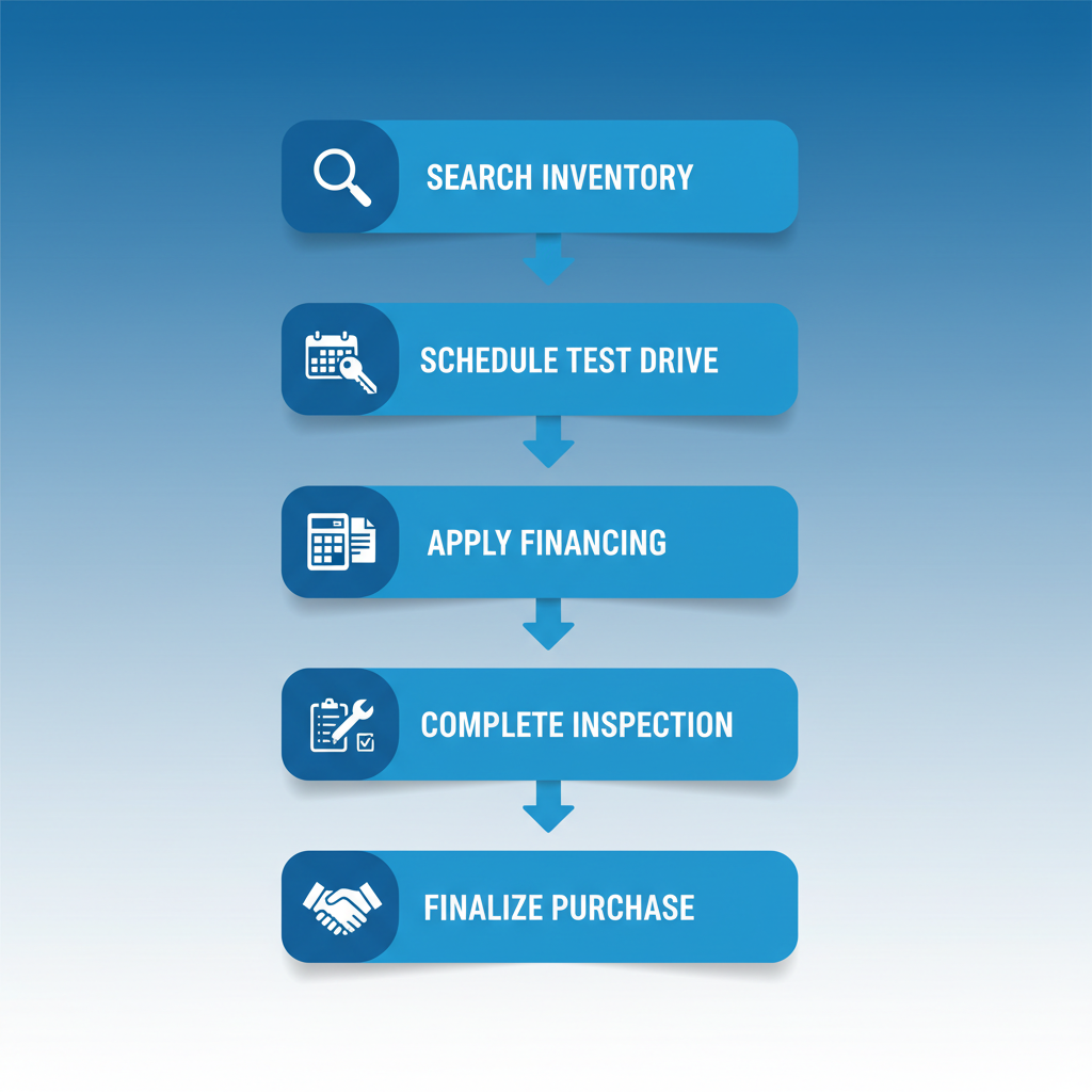 Vertical process flow diagram illustrating five key steps to purchase a pre-owned Subaru: search inventory, schedule test drive, apply for financing, complete inspection, and finalize purchase.
