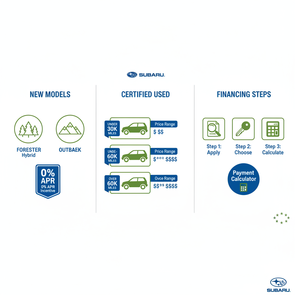 Infographic illustrating Subaru vehicle options including new inventory, certified used vehicles, and financing at Beardmore Subaru dealership.