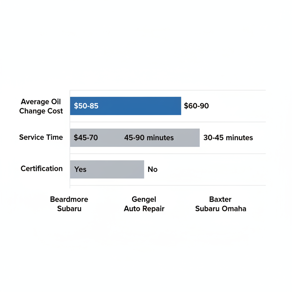 Horizontal bar chart comparing average oil change costs, service times, and certifications for Beardmore Subaru, Gengel Auto Repair, and Baxter Subaru Omaha in Bellevue