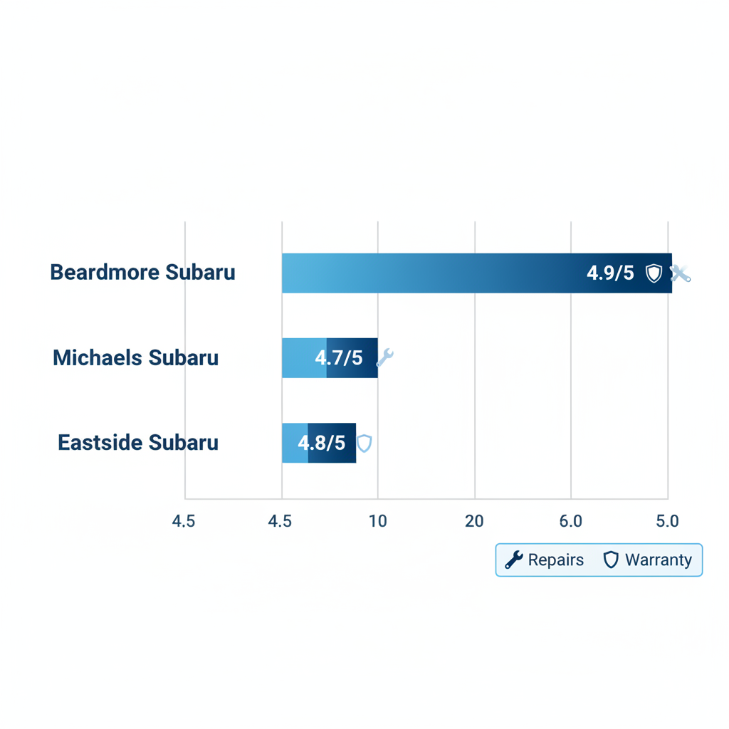 Horizontal bar chart comparing ratings of Subaru service providers in Bellevue: Beardmore Subaru 4.8/5, Michael's Subaru 4.5/5, Eastside Subaru 4.6/5, with icons and grid lines.