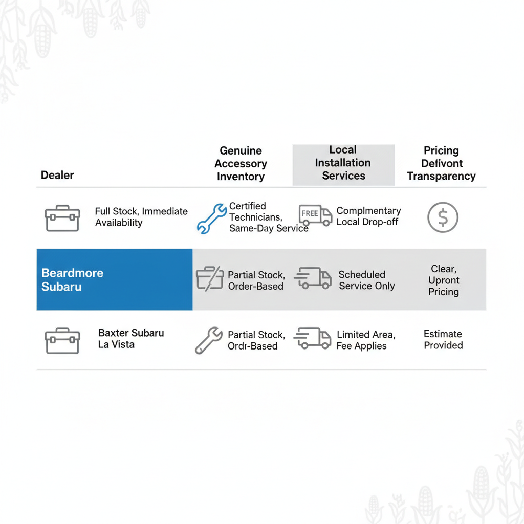 Infographic table comparing Subaru accessories availability, inventory, installation, delivery, and pricing at Beardmore Subaru and nearby dealers in Bellevue area.